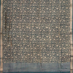 Steel Blue Handloom Chanderi Cotton Saree With Printed Cream Floral Motif