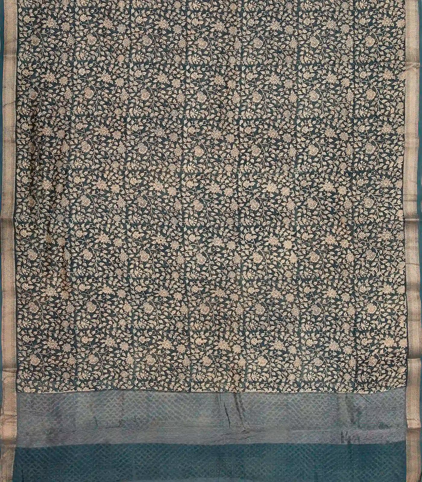 Steel Blue Handloom Chanderi Cotton Saree With Printed Cream Floral Motif
