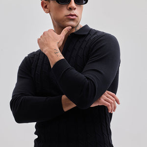 Black Zipper Knitted Polo T-Shirt