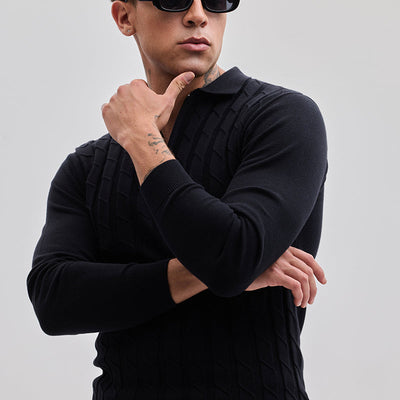 Black Zipper Knitted Polo T-Shirt