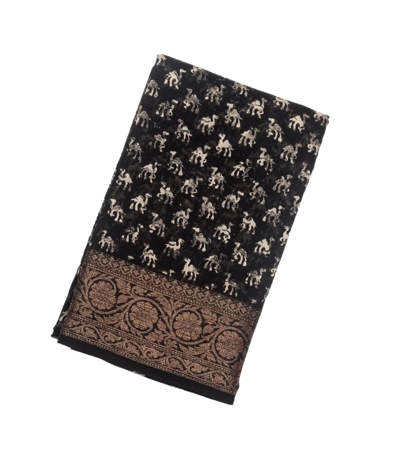 Black Woven Chanderi Cotton Saree Printed With Camel Motifs