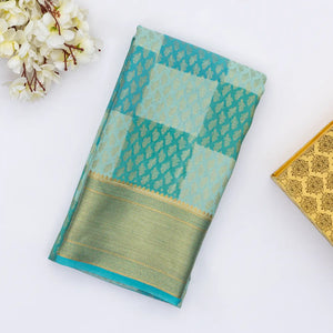 Sky Blue Mysore Crepe Silk Saree With Printed Checks & Floral Motifs