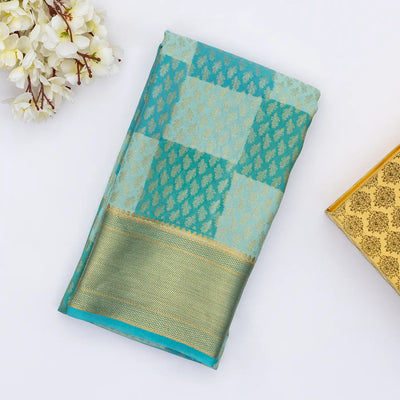 Sky Blue Mysore Crepe Silk Saree With Printed Checks & Floral Motifs