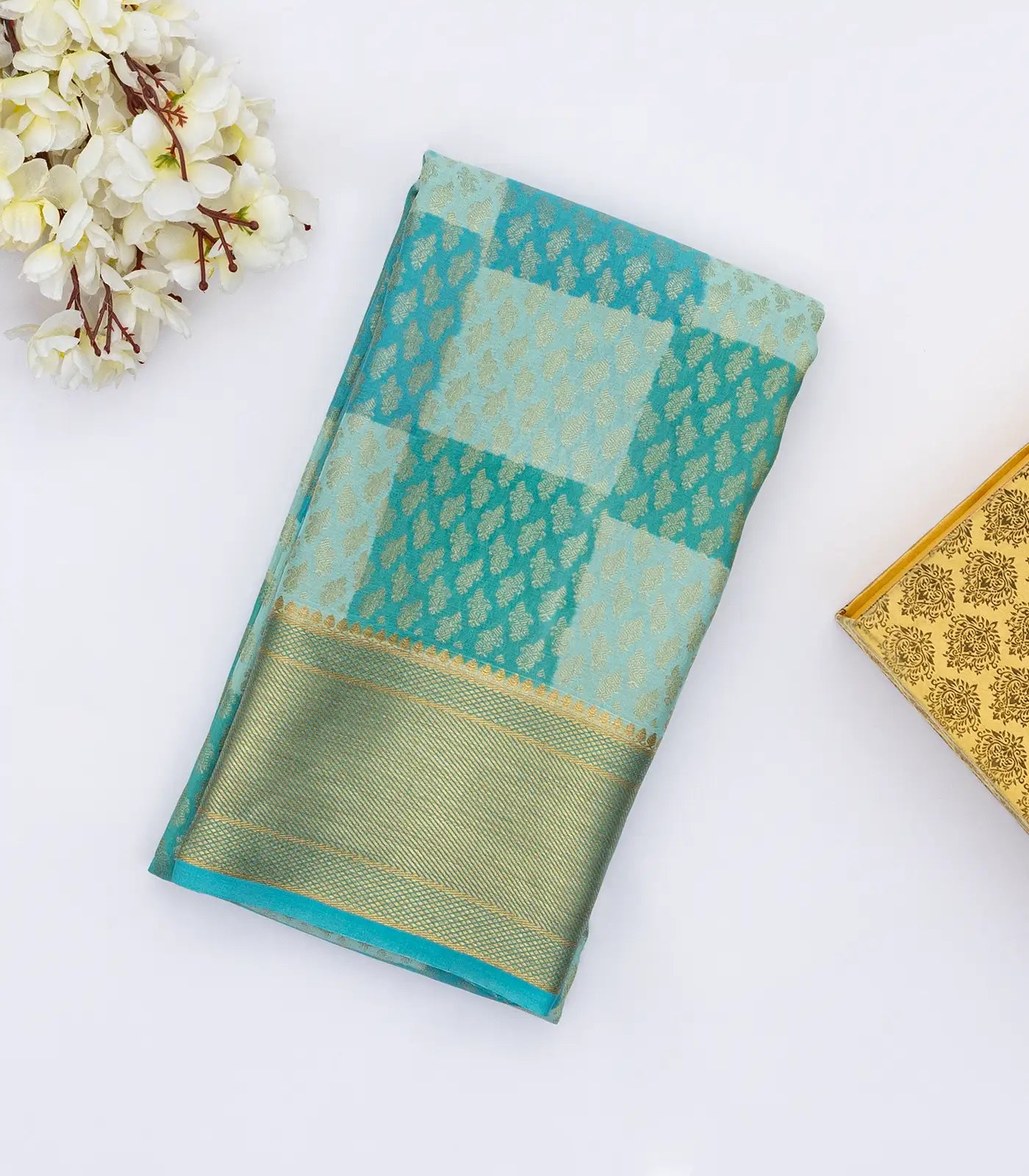 Sky Blue Mysore Crepe Silk Saree With Printed Checks & Floral Motifs