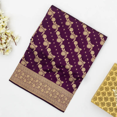 Magenta Handloom Banarasi Silk Saree With Diagonal Floral Vine Motifs