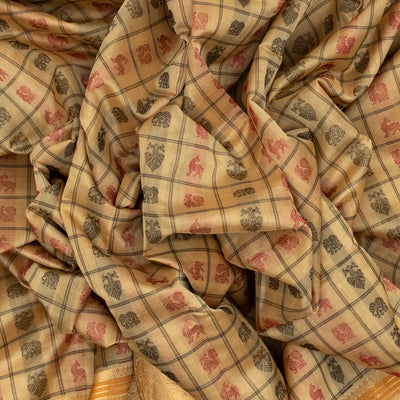 Cream Handloom Silk Cotton Saree With Checks & Gandaberunda Motifs
