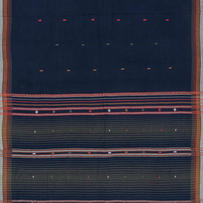 Midnight Blue Handloom Bhujodi Cotton Saree With Bhujodi/Kutch style Buttis