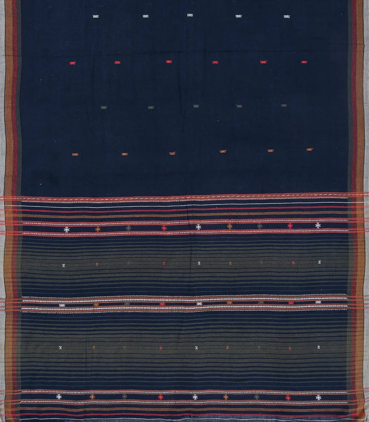 Midnight Blue Handloom Bhujodi Cotton Saree With Bhujodi/Kutch style Buttis