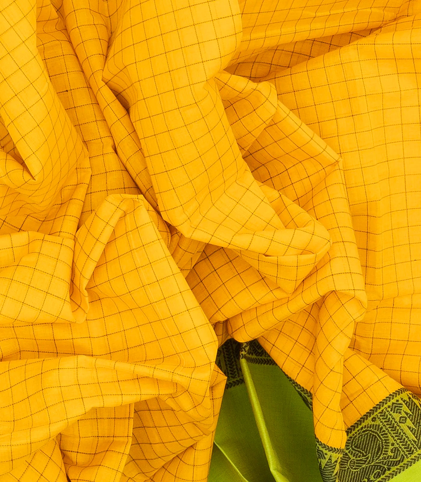 Yellow Handloom Kanchi Cotton Saree With Green Border