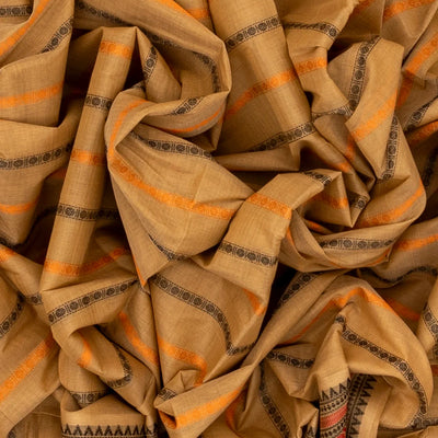 Beige Handloom Kanchi Cotton Saree With Rudraksham Stripes