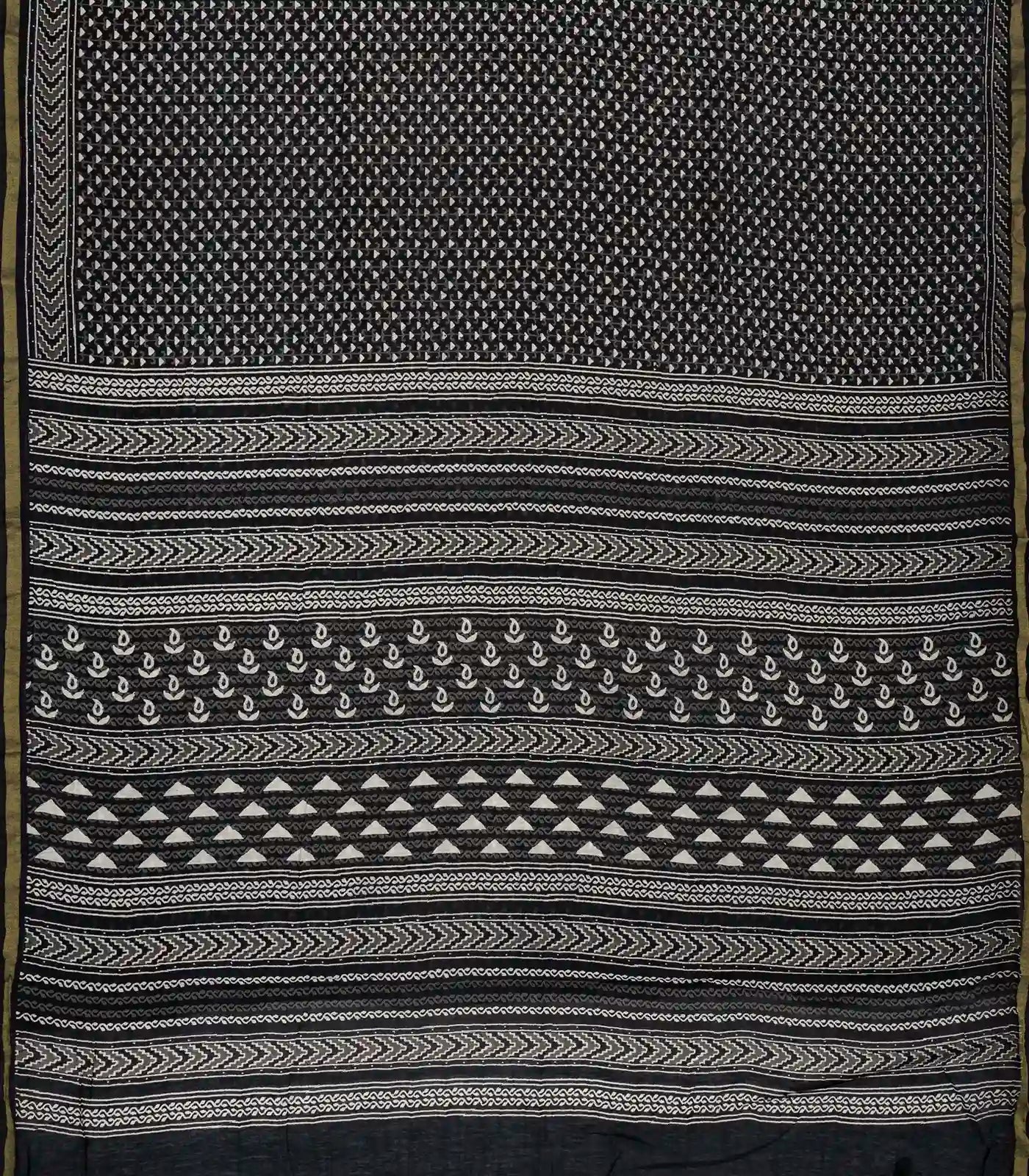 Black Woven Jaipur Cotton Saree And Printed Triangle Motifs