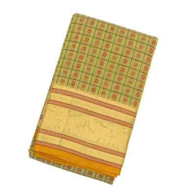 Cardamom Green Handloom Kanchi Cotton Saree With Checks & Kamalam Motifs