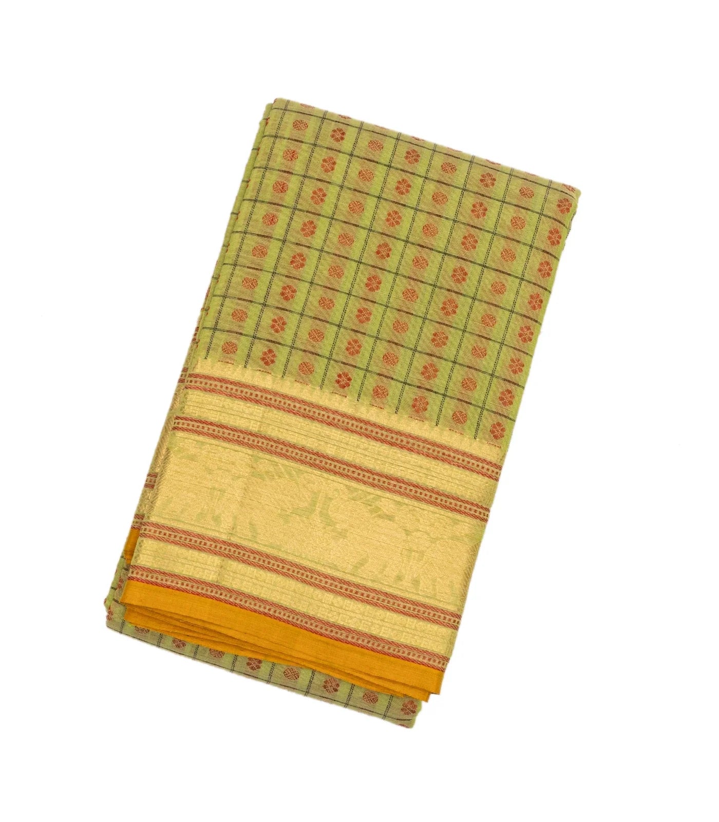 Cardamom Green Handloom Kanchi Cotton Saree With Checks & Kamalam Motifs