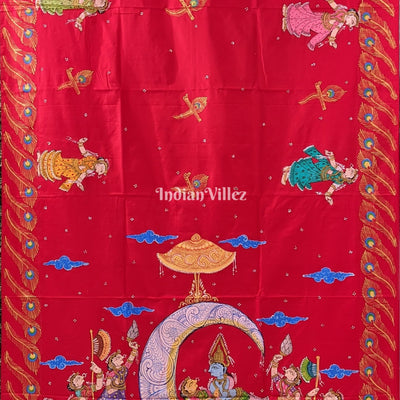 Red Ardha Chandra Krishna Rasa Leela Hand-Painted Pattachitra Saree