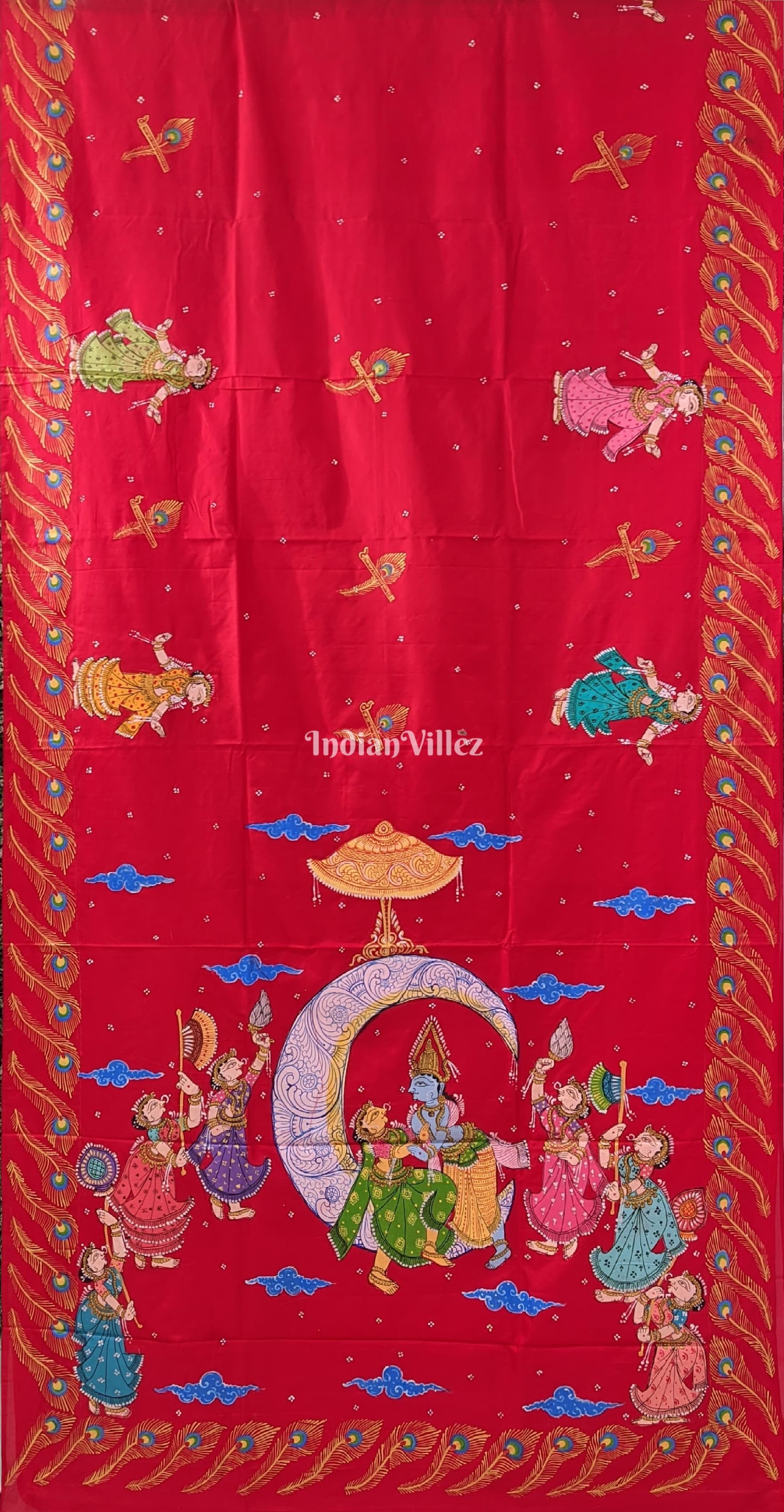 Red Ardha Chandra Krishna Rasa Leela Hand-Painted Pattachitra Saree