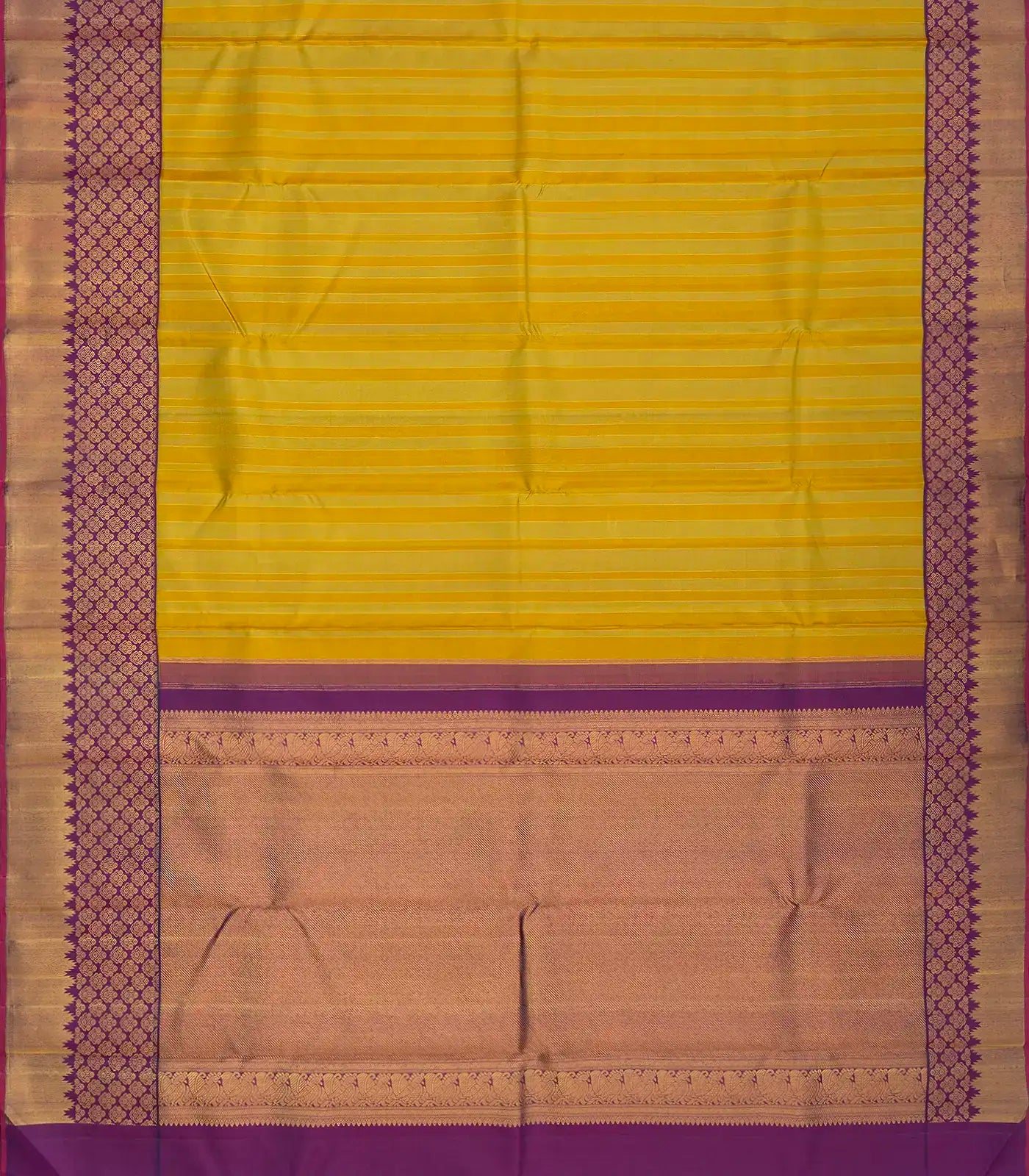 Mustard Handloom Kanchipuram Korvai Silk Saree With Stripes