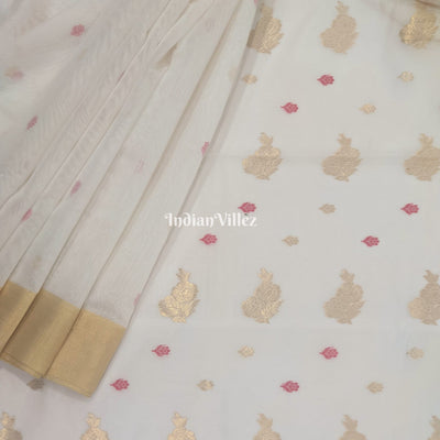 White Flower Design Pure Chanderi Silk Saree