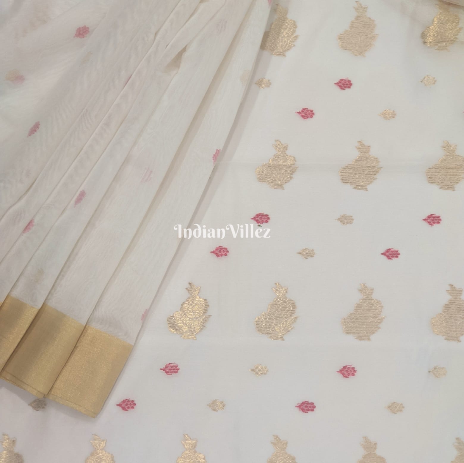 White Flower Design Pure Chanderi Silk Saree