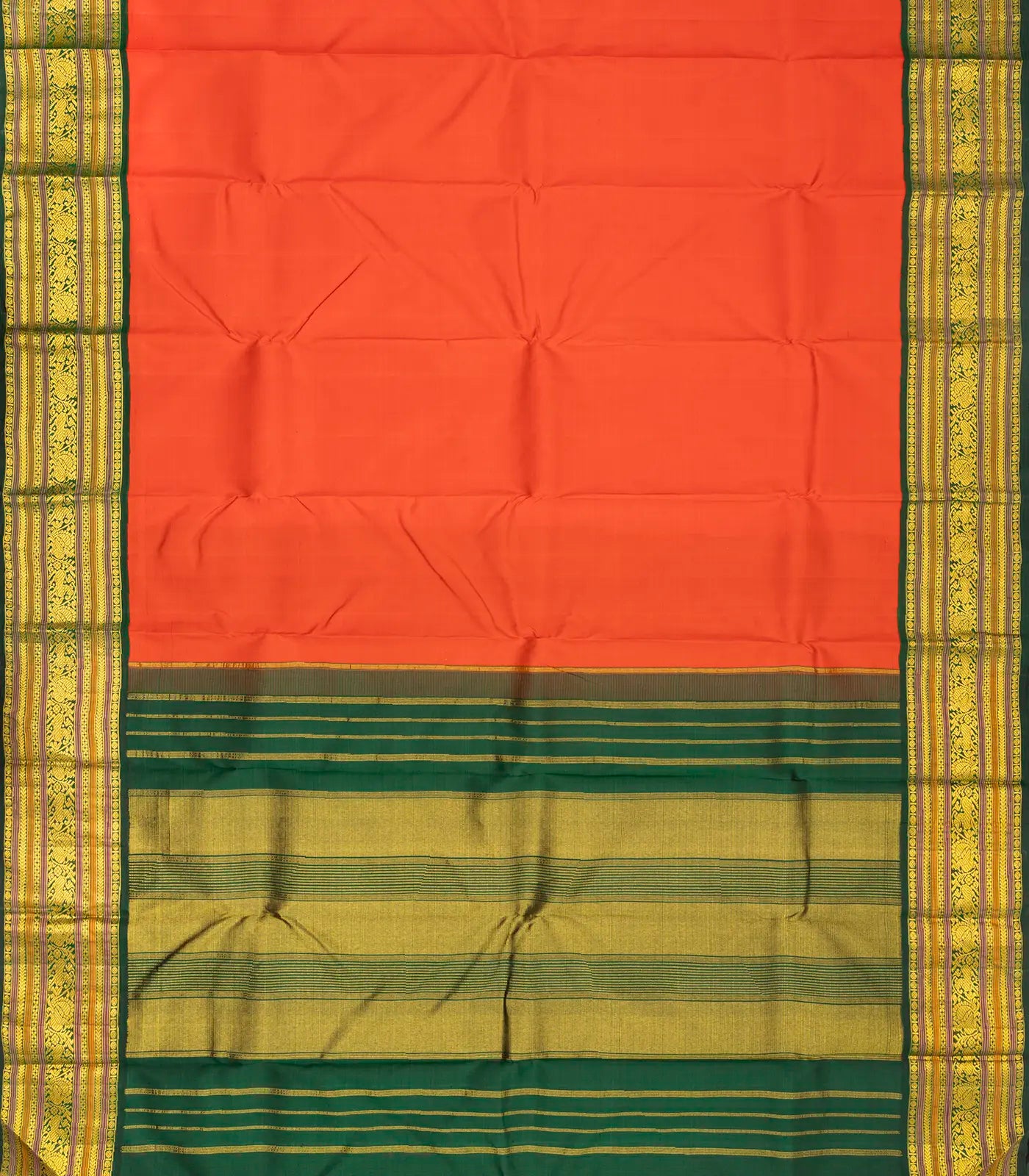 Orange Handloom Kanchipuram Korvai Silk Saree With Green Border