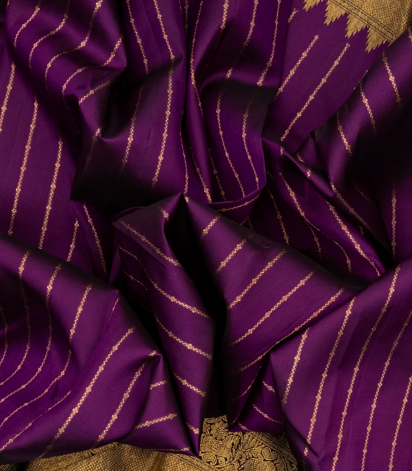 Purple Handloom Kanchipuram Korvai Silk Saree With Stripes