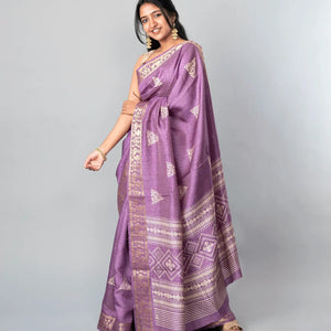Lilac Woven Dola Synthetic Saree With Printed Floral Motifs