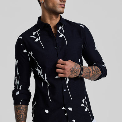 Black Floral Embroidered Shirt