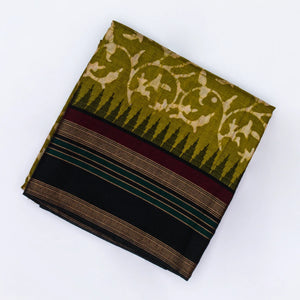 Olive Green Handloom Tussar Silk Saree With Printed Floral Motifs & Contrast Border