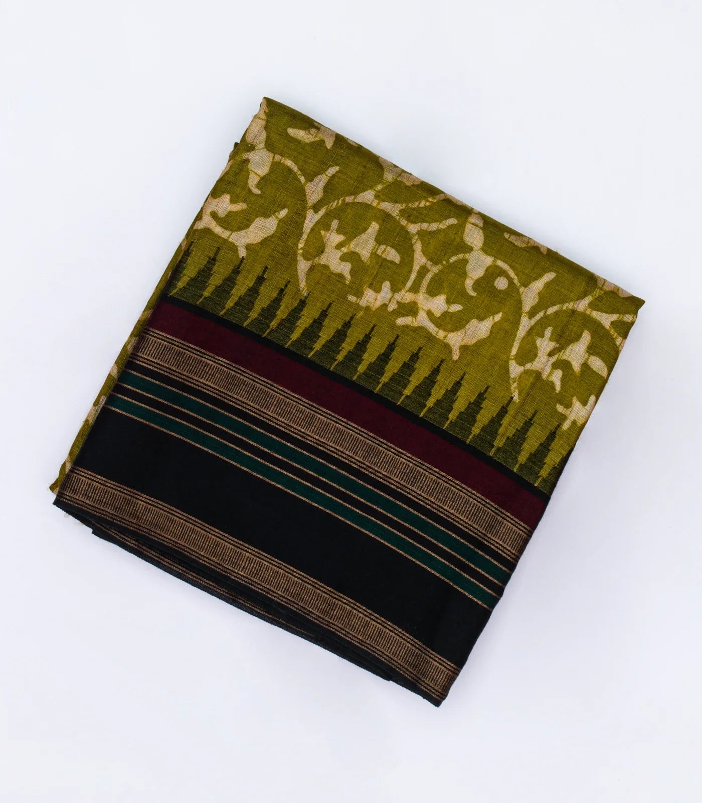 Olive Green Handloom Tussar Silk Saree With Printed Floral Motifs & Contrast Border