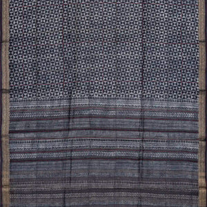 Dark Grey Handloom Tussar Silk Saree Printed With Triangle Motifs