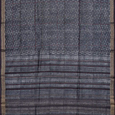 Dark Grey Handloom Tussar Silk Saree Printed With Triangle Motifs