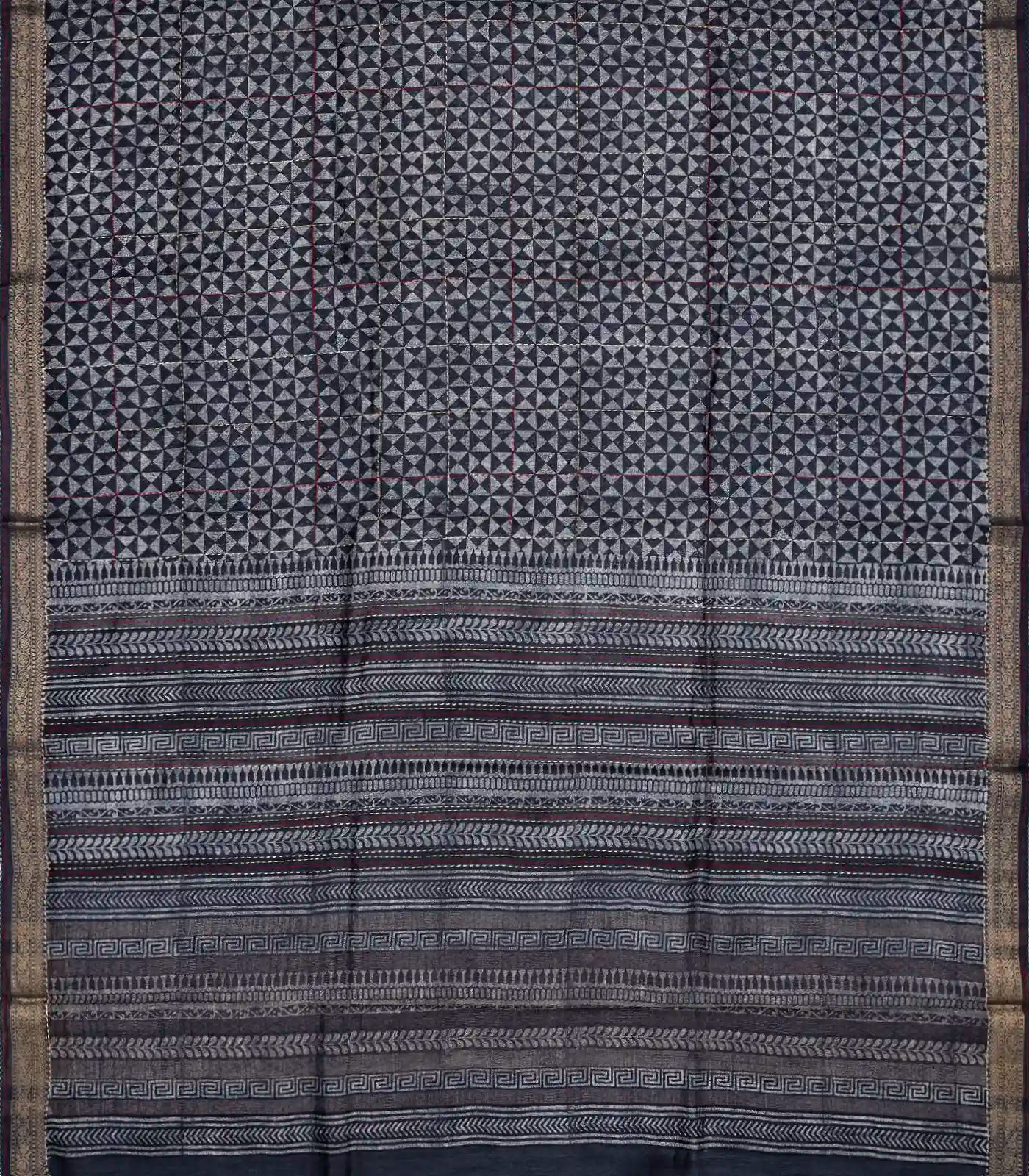 Dark Grey Handloom Tussar Silk Saree Printed With Triangle Motifs