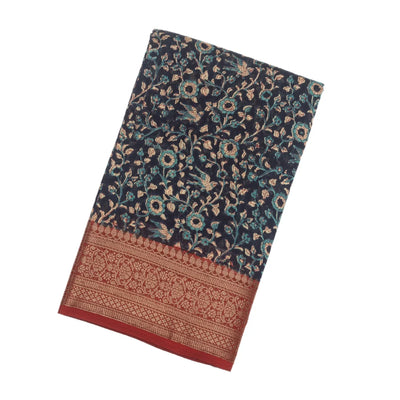 Indigo Woven Chanderi Cotton Saree With Red Border