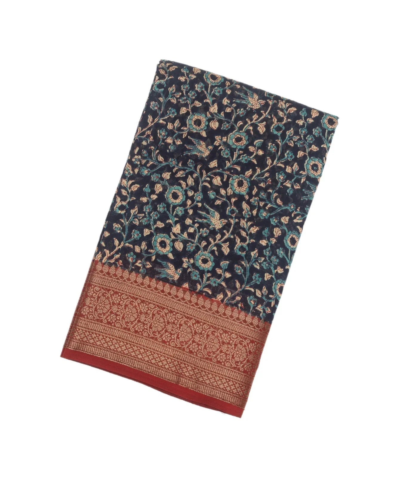 Indigo Woven Chanderi Cotton Saree With Red Border