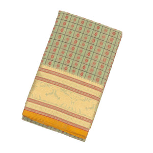 Shadow Green Handloom Kanchi Cotton Saree With Checks & Kamalam Motifs
