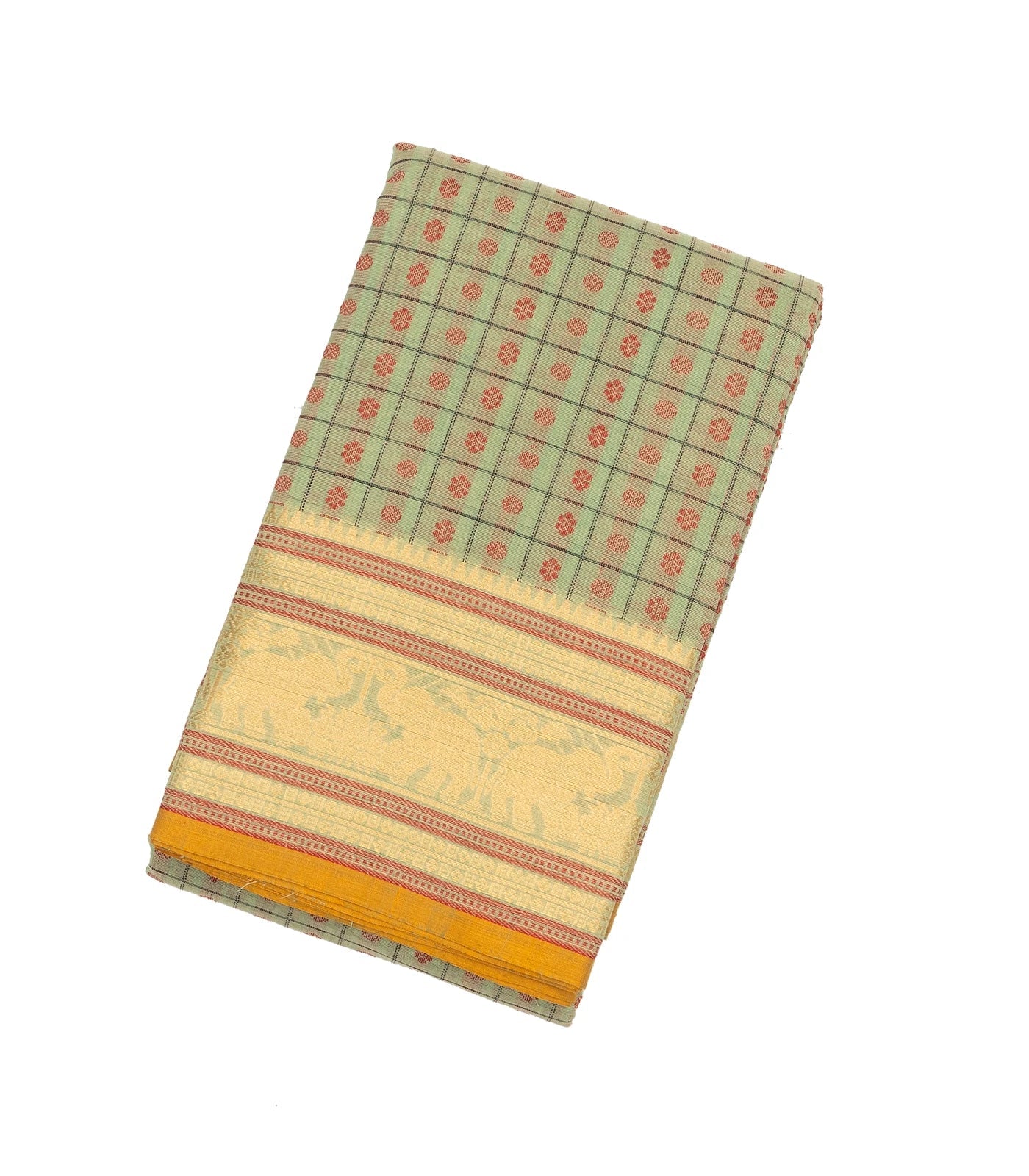 Shadow Green Handloom Kanchi Cotton Saree With Checks & Kamalam Motifs