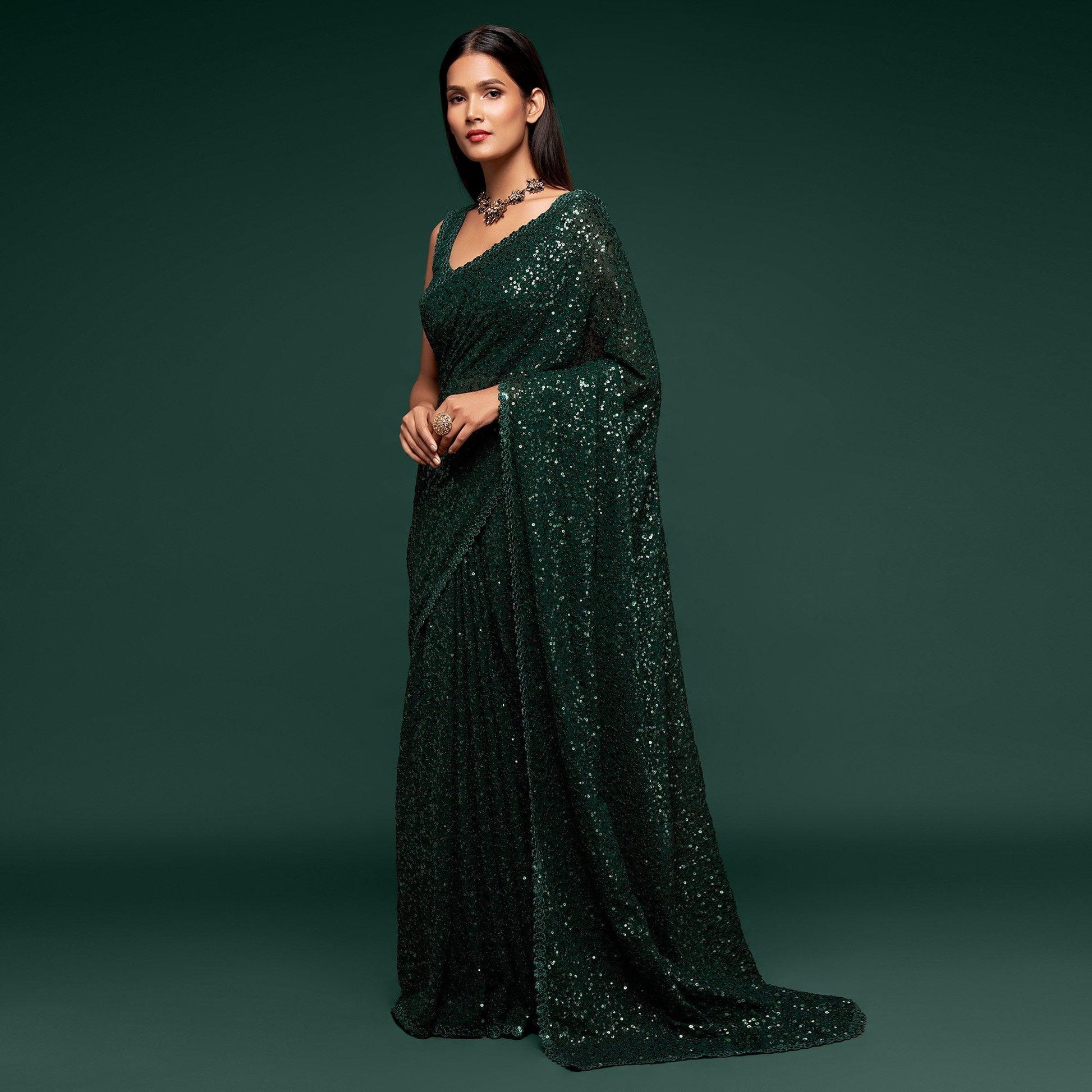 Deep Green Partywear Thread & Sequins Embroidered Georgette Saree