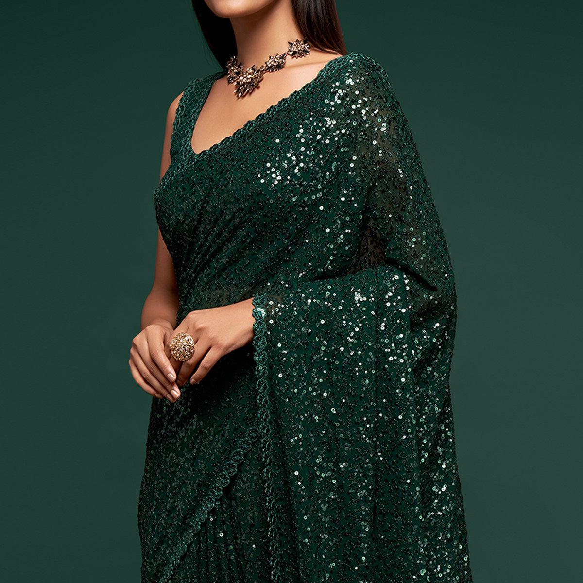 Deep Green Partywear Thread & Sequins Embroidered Georgette Saree