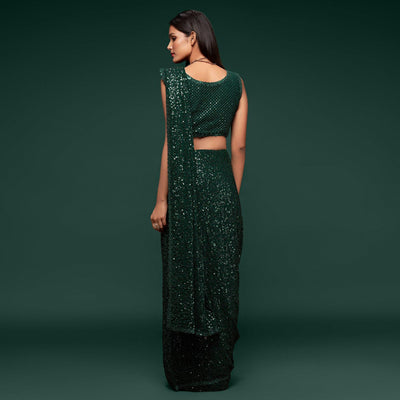 Deep Green Partywear Thread & Sequins Embroidered Georgette Saree