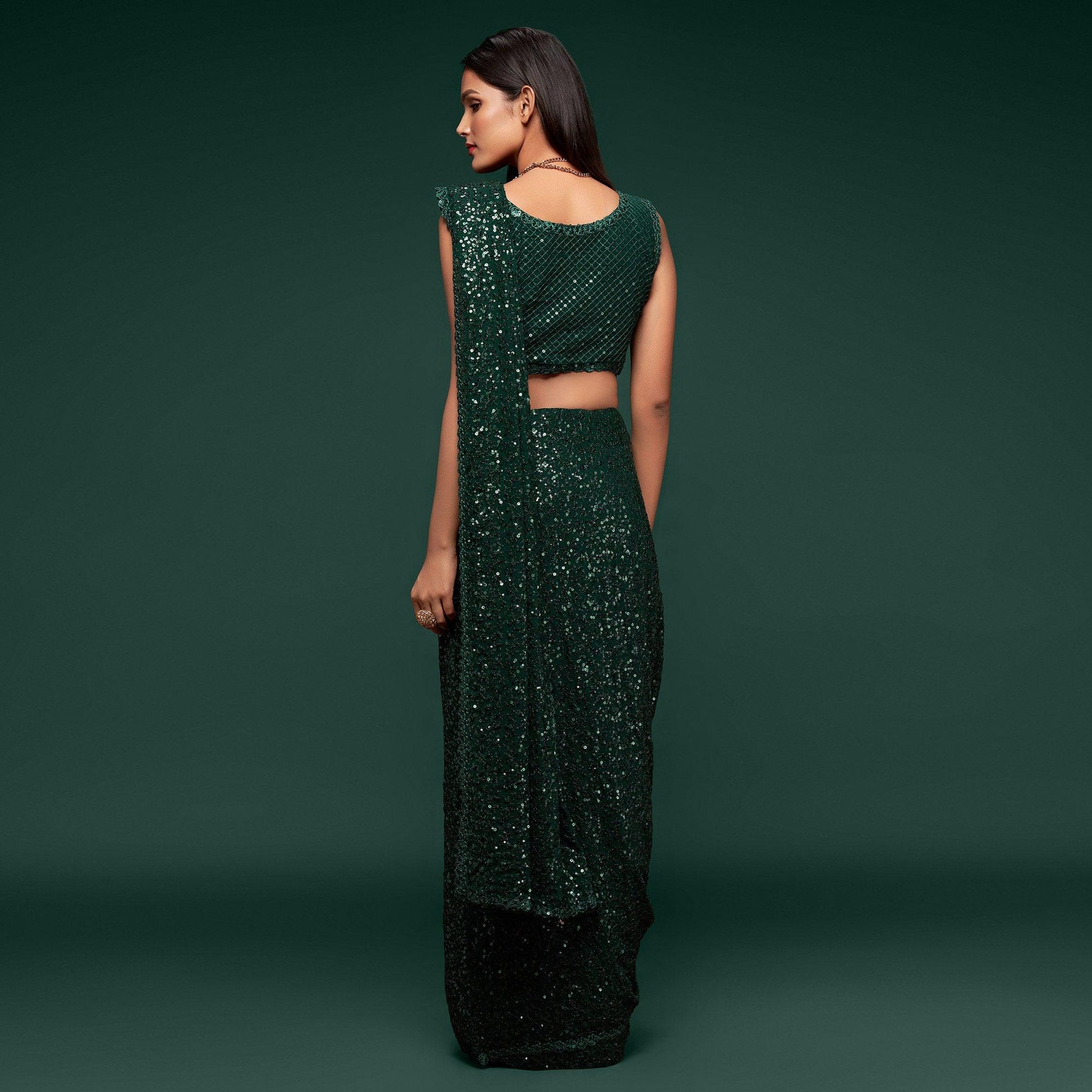 Deep Green Partywear Thread & Sequins Embroidered Georgette Saree