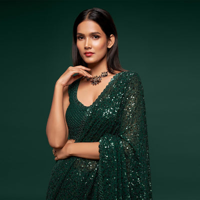 Deep Green Partywear Thread & Sequins Embroidered Georgette Saree