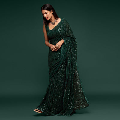 Deep Green Partywear Thread & Sequins Embroidered Georgette Saree