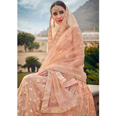 Deep Peach Embellished & Embroidered Net Lehenga Choli