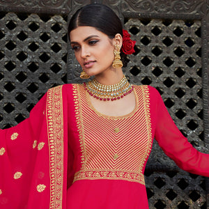 Deep Pink Embroidered Georgette Party Wear Gown