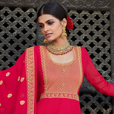 Deep Pink Embroidered Georgette Party Wear Gown