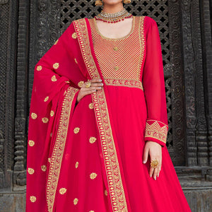Deep Pink Embroidered Georgette Party Wear Gown