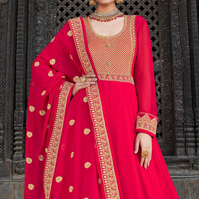 Deep Pink Embroidered Georgette Party Wear Gown