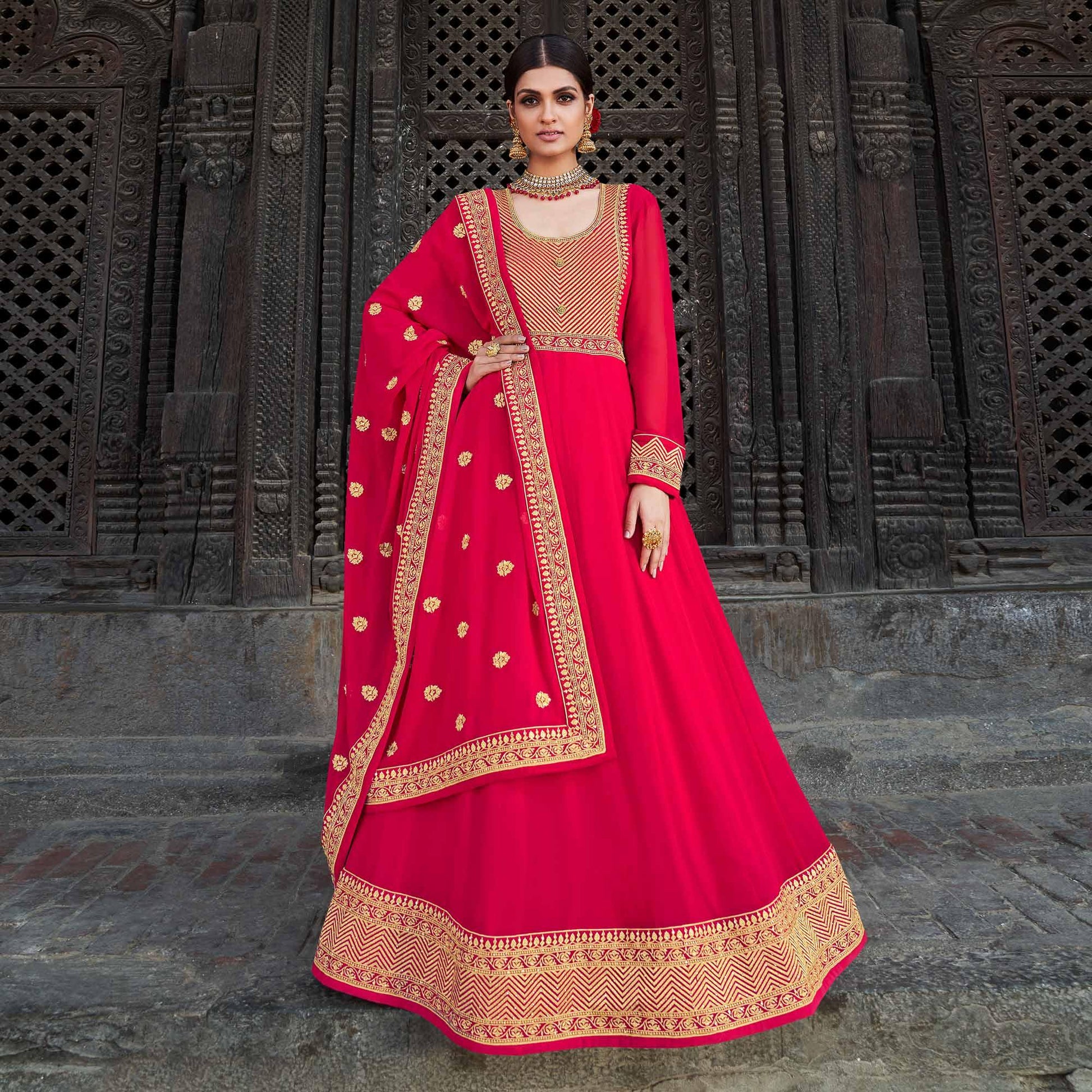 Deep Pink Embroidered Georgette Party Wear Gown