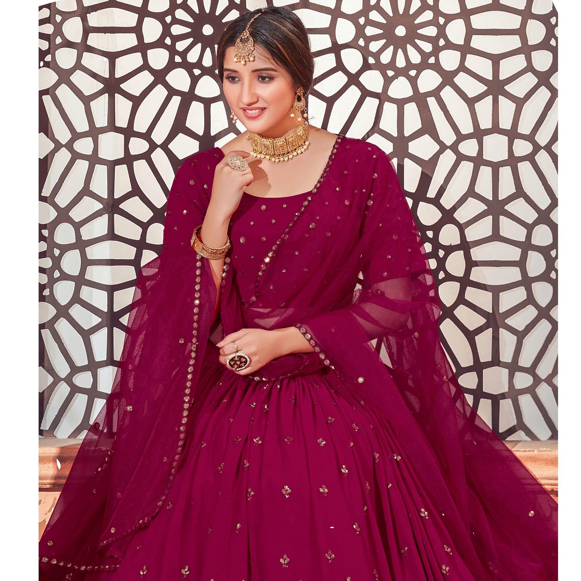 Deep Pink Festive Wear Thread with Sequins Embroidered Georgette Lehenga Choli