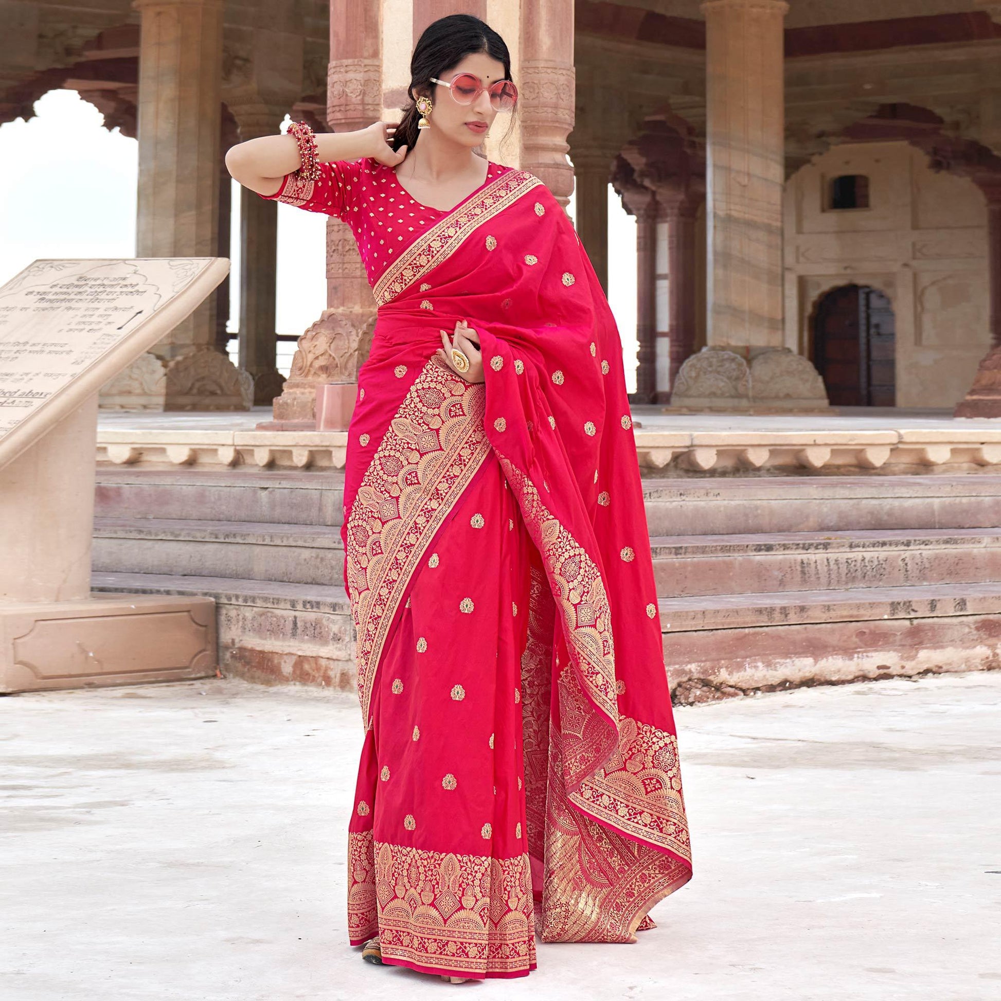 Deep Pink Festive Wear Woven Banarasi Silk Saree