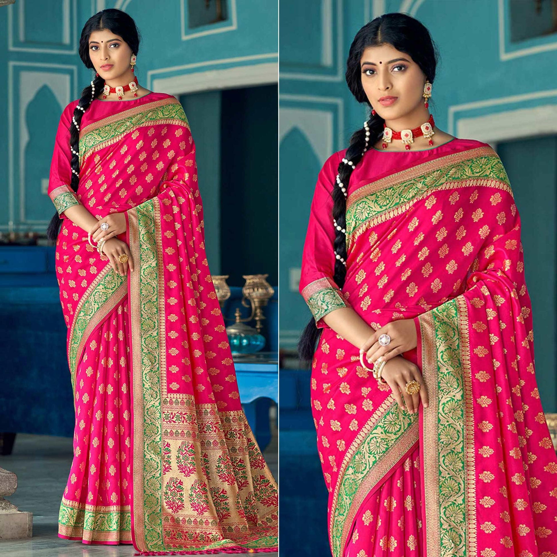 Deep Pink Festive Wear Woven Banarasi Silk Saree